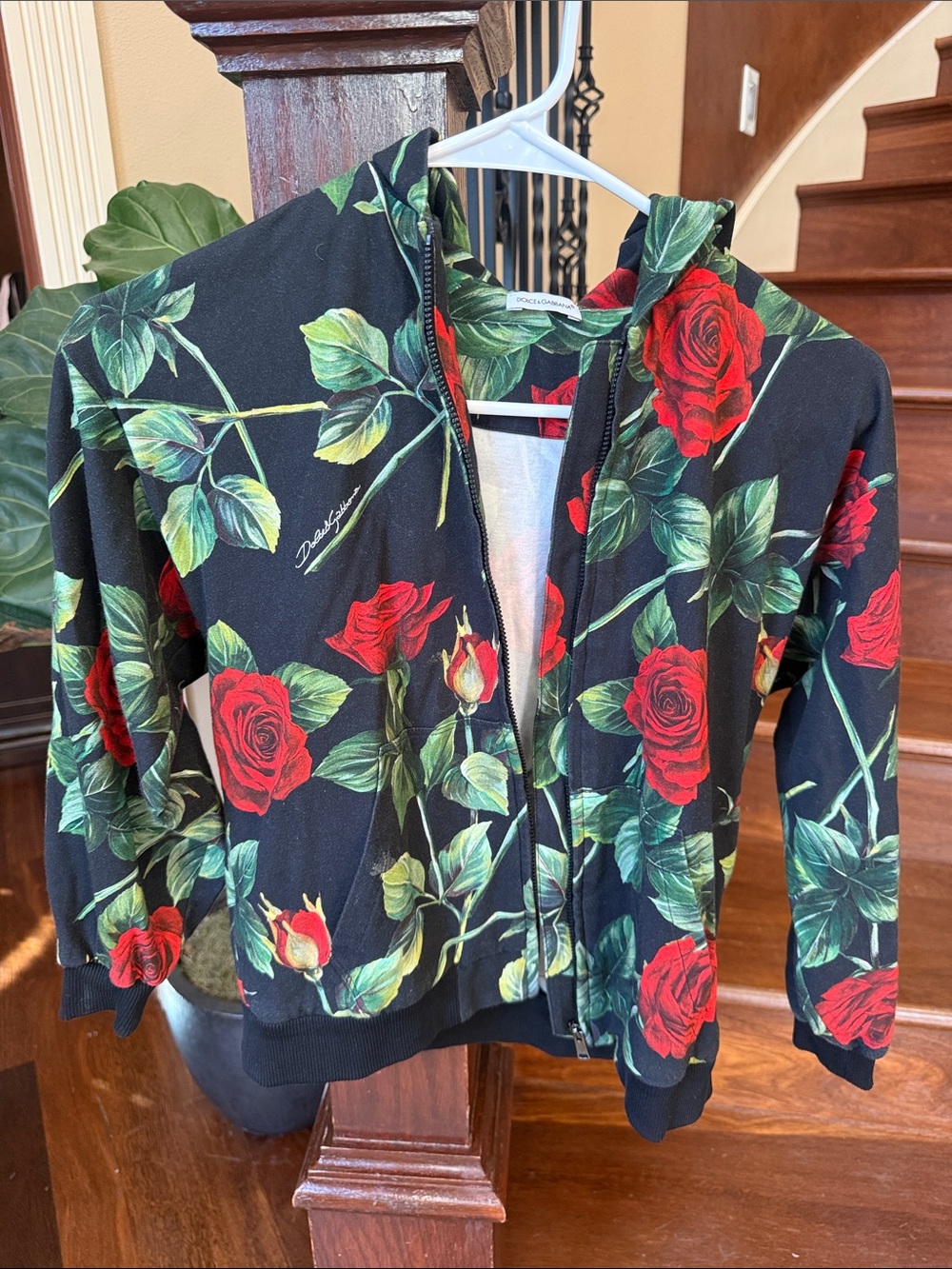 Authentic Dolce & Gabbana Black Floral Rose Zip Hoodie for Kids